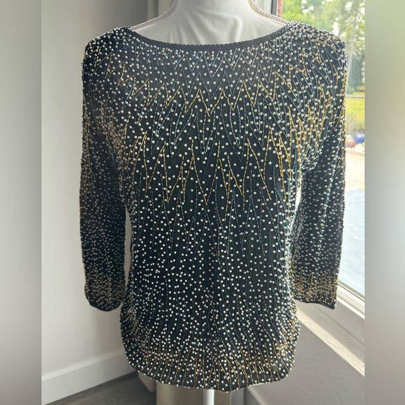 Saks Fifth Avenue Size Large Black Bead and Pearl Top Fully Lined - Picture 6 of 9